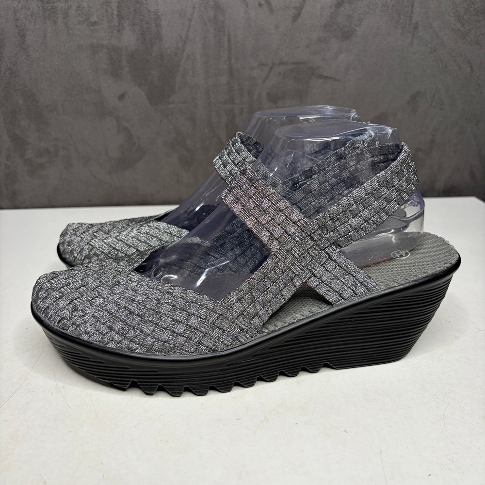 Bernie Mev Lulia Wedge Sandals Womens 41 Silver Woven Elastic Mary Jane Platform